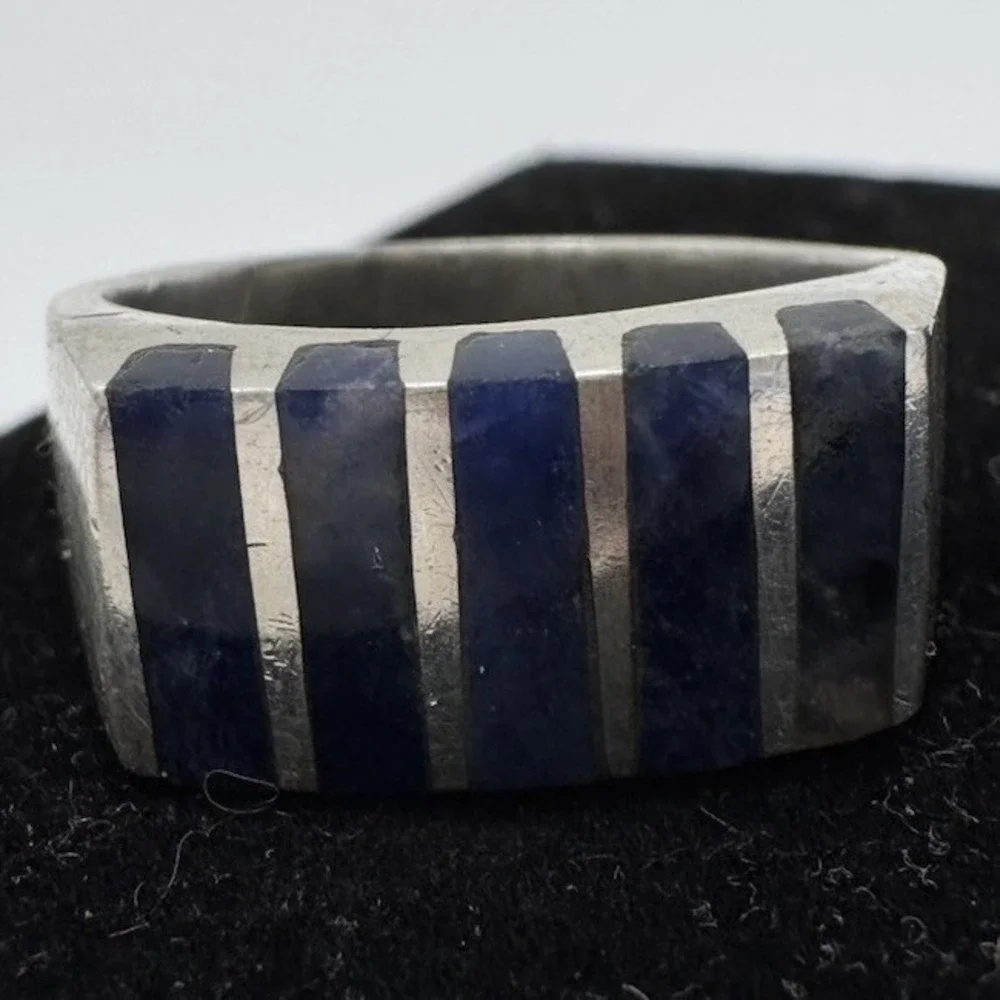 Vintage Taxco Mexico 925 Sterling Silver Blue Inlay Modernist Band Ring Size 11